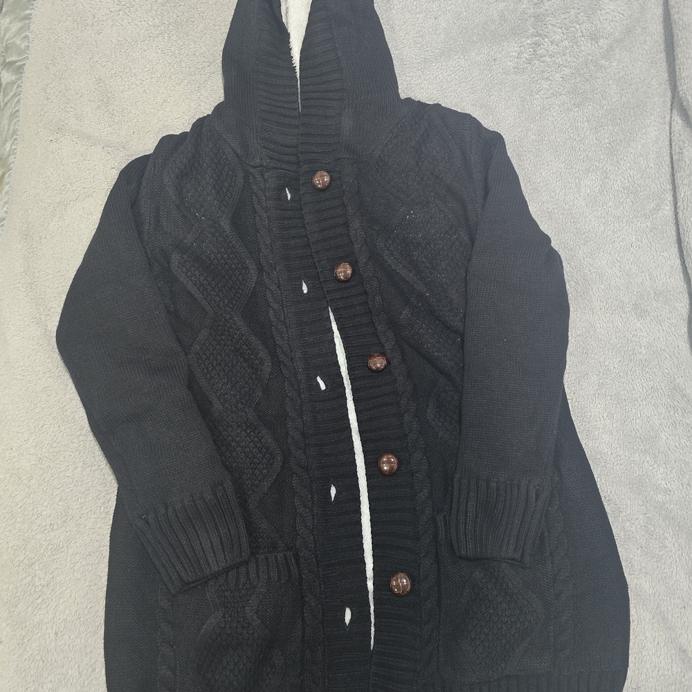 Black Hooded Knit Cardigan with Wooden Buttons